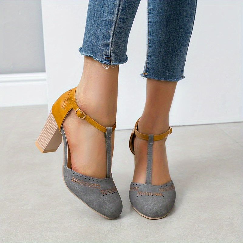 Women's Retro Colorblock T-Strap Block Heel Sandals, Round Toe, Buckle Closure