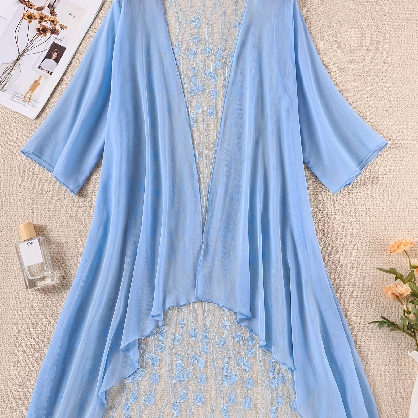 Plus Size Floral Embroidered Kimono Cardigan - Lace Trim Midi Cape, Long Sleeve Semi-Sheer