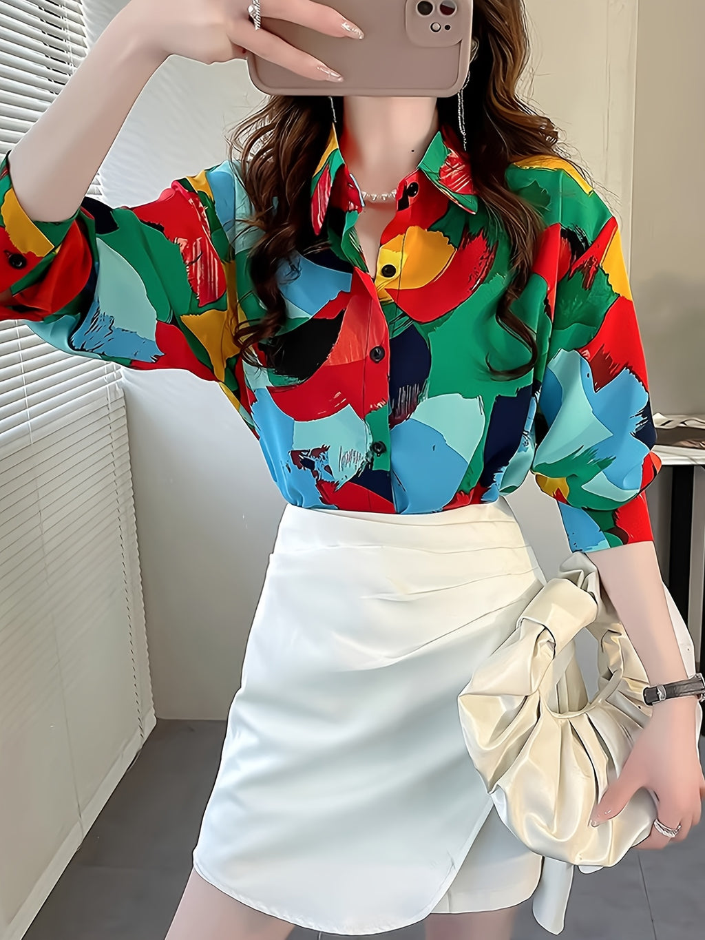 Women's Geometric Print Button-Up Blouse - Long Sleeve Lapel Collar Color Block Top for Casual & Formal Wear