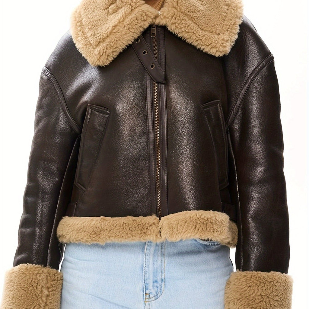 Women's Faux Leather Biker Jacket with Faux Fur Lining – Warm Winter Coat
