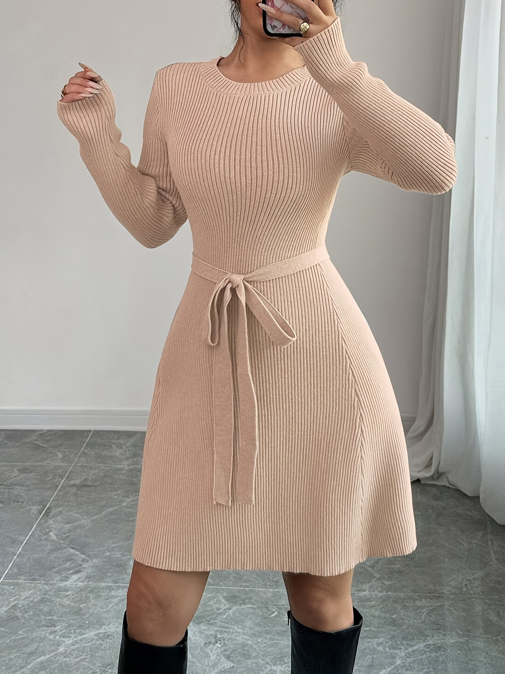 Lace-Up Knit Sweater Dress - Long Sleeve Cozy A-Line Pullover for Women