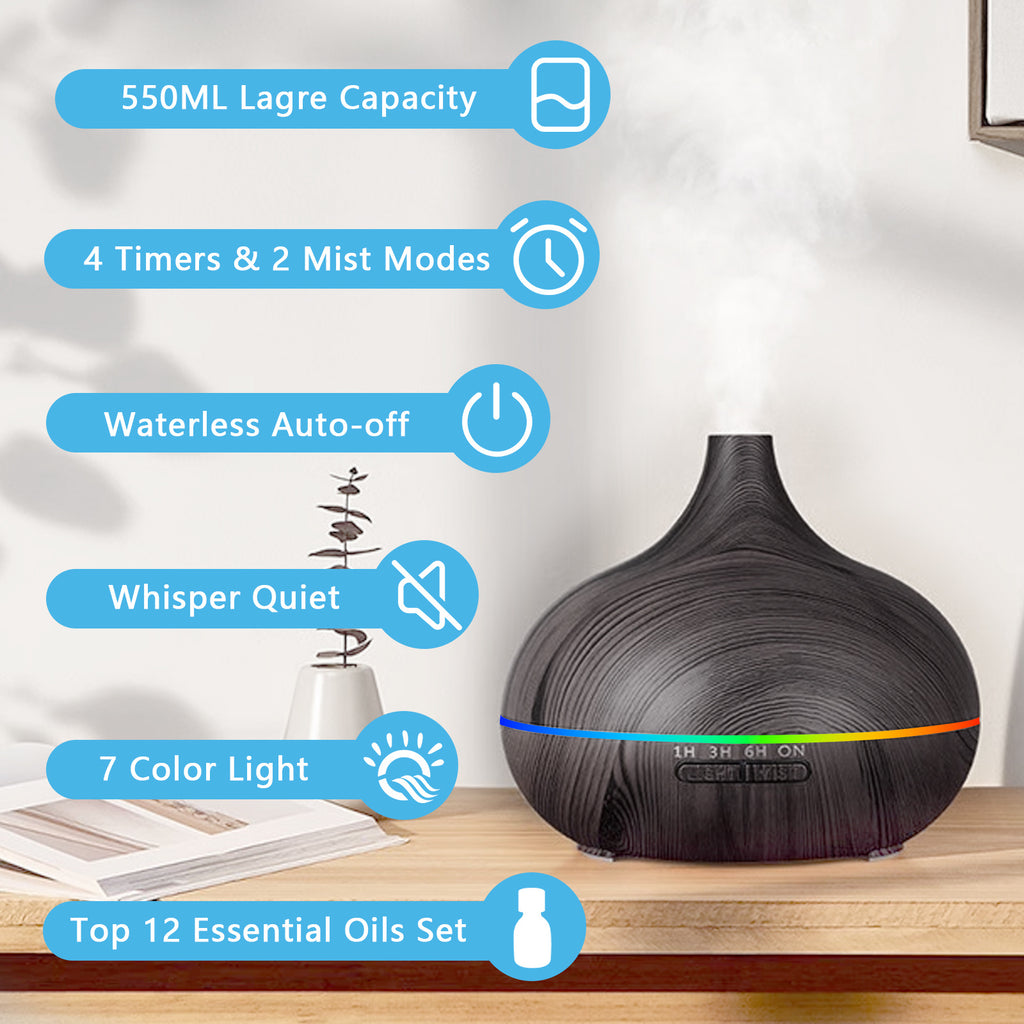 550ml (18.6 fl oz) Ultrasonic Essential Oil Diffuser with 12-Pack Oils, Remote, 7-Color LED & Timers — Large Aroma Humidifier for Bedroom Spa Yoga Hotel