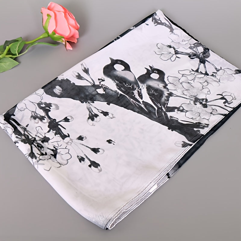 Vintage Magpie Print Long Imitation Silk Chiffon Scarf, Lightweight Shawl Wrap