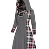 Women's Y2K Hooded Knit Dress - Gingham Patchwork Long Sleeve A-Line with Faux Buttons
