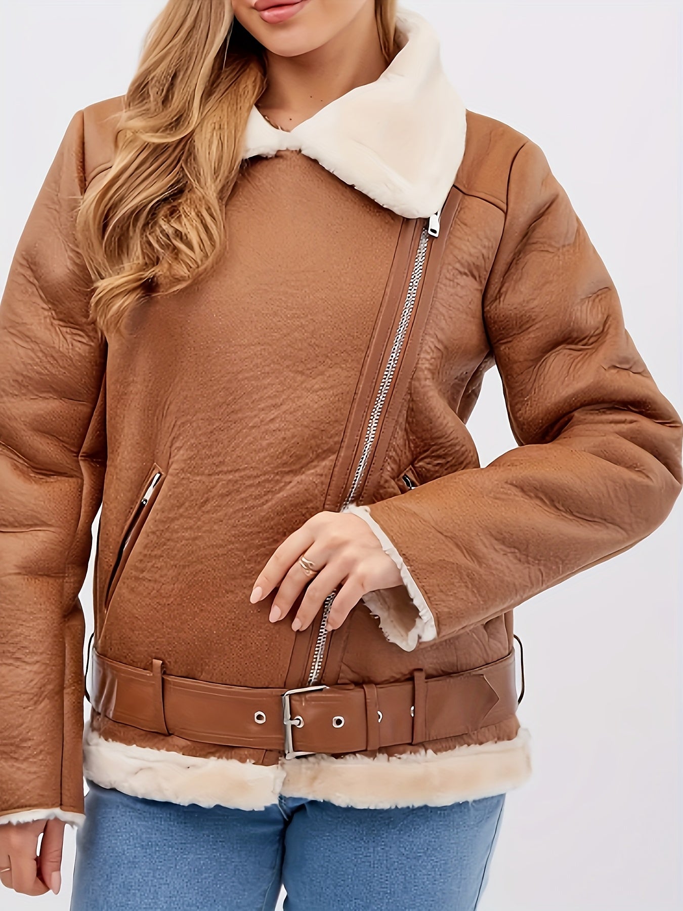 Women's Brown Faux Fur Motorcycle Jacket – Belted Zipper Jacket with Goldtone Hardware & Side Pockets