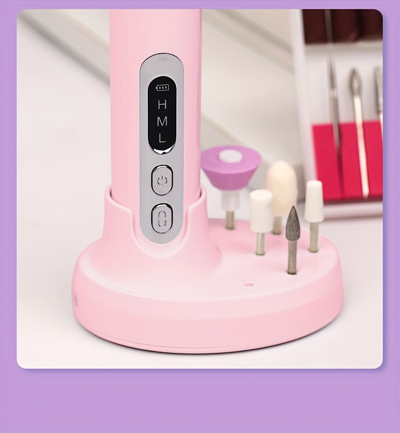 Cordless Electric Nail Drill Kit with Drill Bits & Sanding Bands, Rechargeable USB Manicure & Pedicure File for Acrylic Gel Nails (Bright Pink)