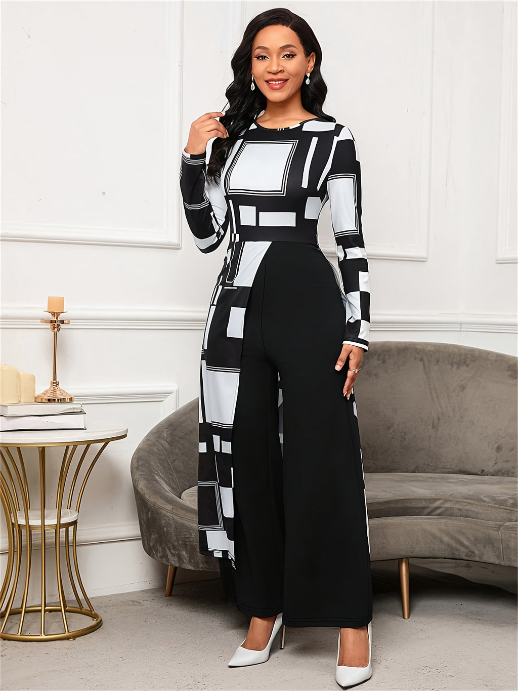 Women's Black & White Plaid Jumpsuit – Winter Wide-Leg Trousersuit with Crew Neck & Asymmetrical Collar, Machine Washable Full-Length Bodysuit for Office Party Wedding