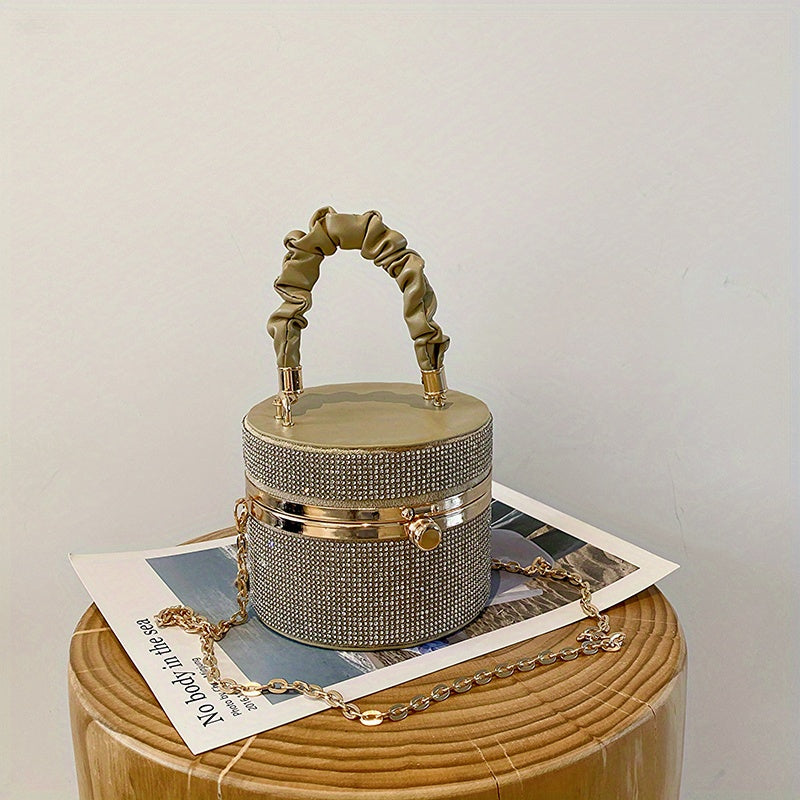 Mini Rhinestone Bucket Bag – Ruched Chain Shoulder Evening Purse, 3.9 x 4.7 x 4.7 in (10 x 12 x 12 cm)