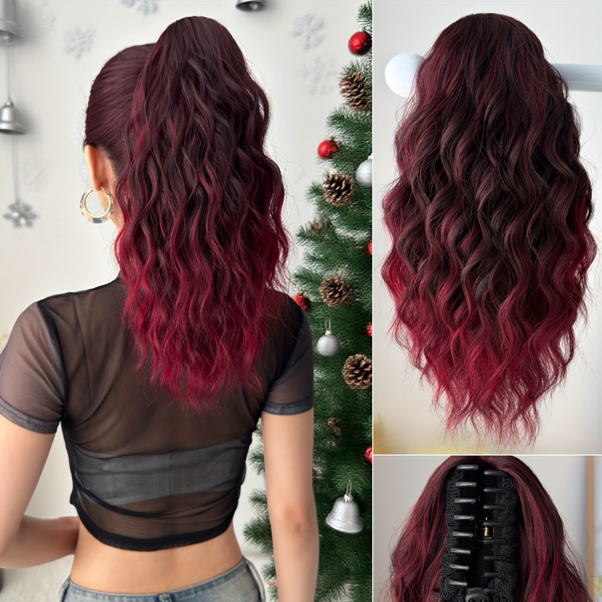 16-Inch (40 cm) Water Wave Claw Ponytail Extension – Heat Resistant Ombre Synthetic Hairpiece for Women