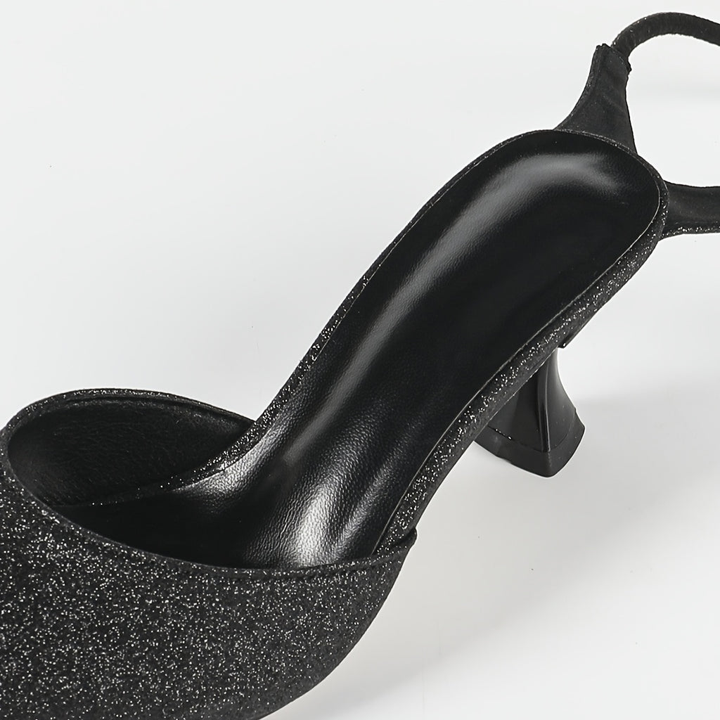 Women's Glitter Kitten Heel Sandals, Pointed Toe Ankle Strap with Adjustable Hook & Loop Closure for Weddings & Parties