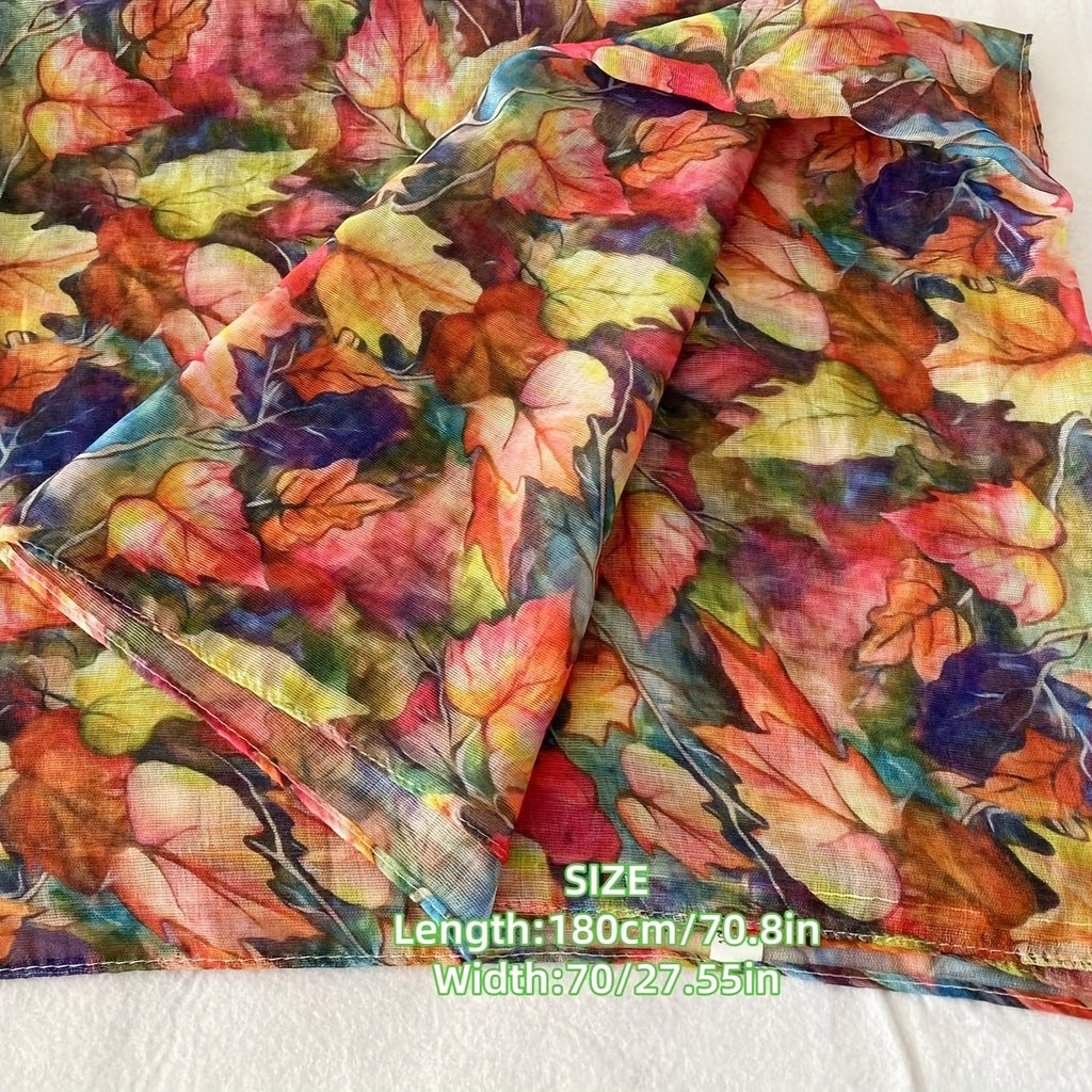 Autumn Maple Leaf Scarf for Women – Lightweight Bali Yarn Shawl, Multicolor Fall Print