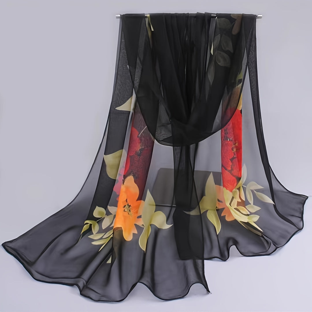 Floral Chiffon Scarf for Women - Lightweight Long Shawl with Yellow & Red Flower Print on Black