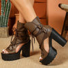 Women's Retro Roman Open Toe Lace-Up Ankle Booties – High Block Heel, Microfiber Upper, Zip Closure