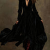 Velvet A-Line Maxi Dress - Deep V-Neck, Long Sleeves & Ruffled Hem, Floor-Length Vintage Formal Dress in Brown