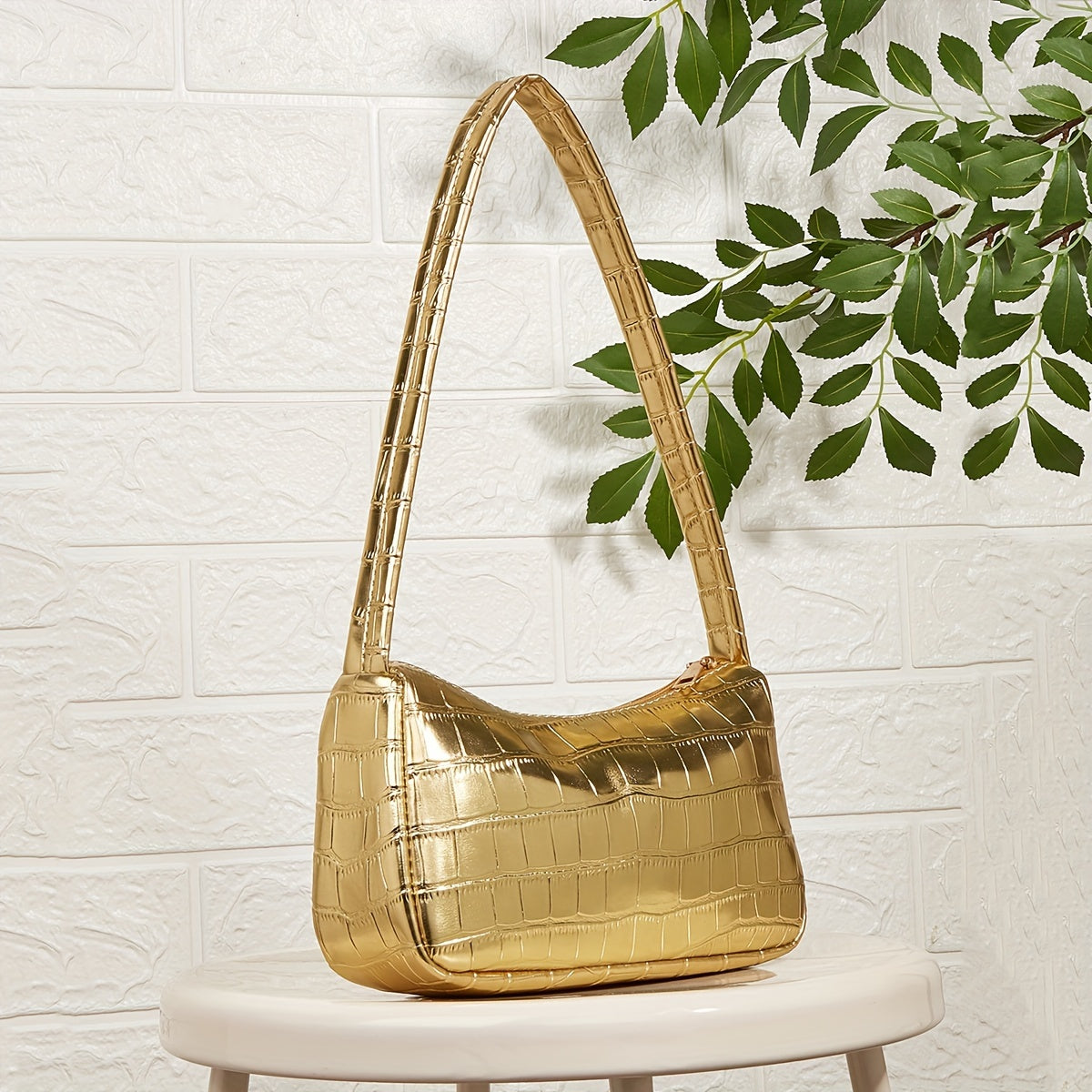 Golden Crocodile-Embossed Shoulder Baguette Bag for Women, Metallic Underarm Purse — Chic Everyday & Mother's Day Gift