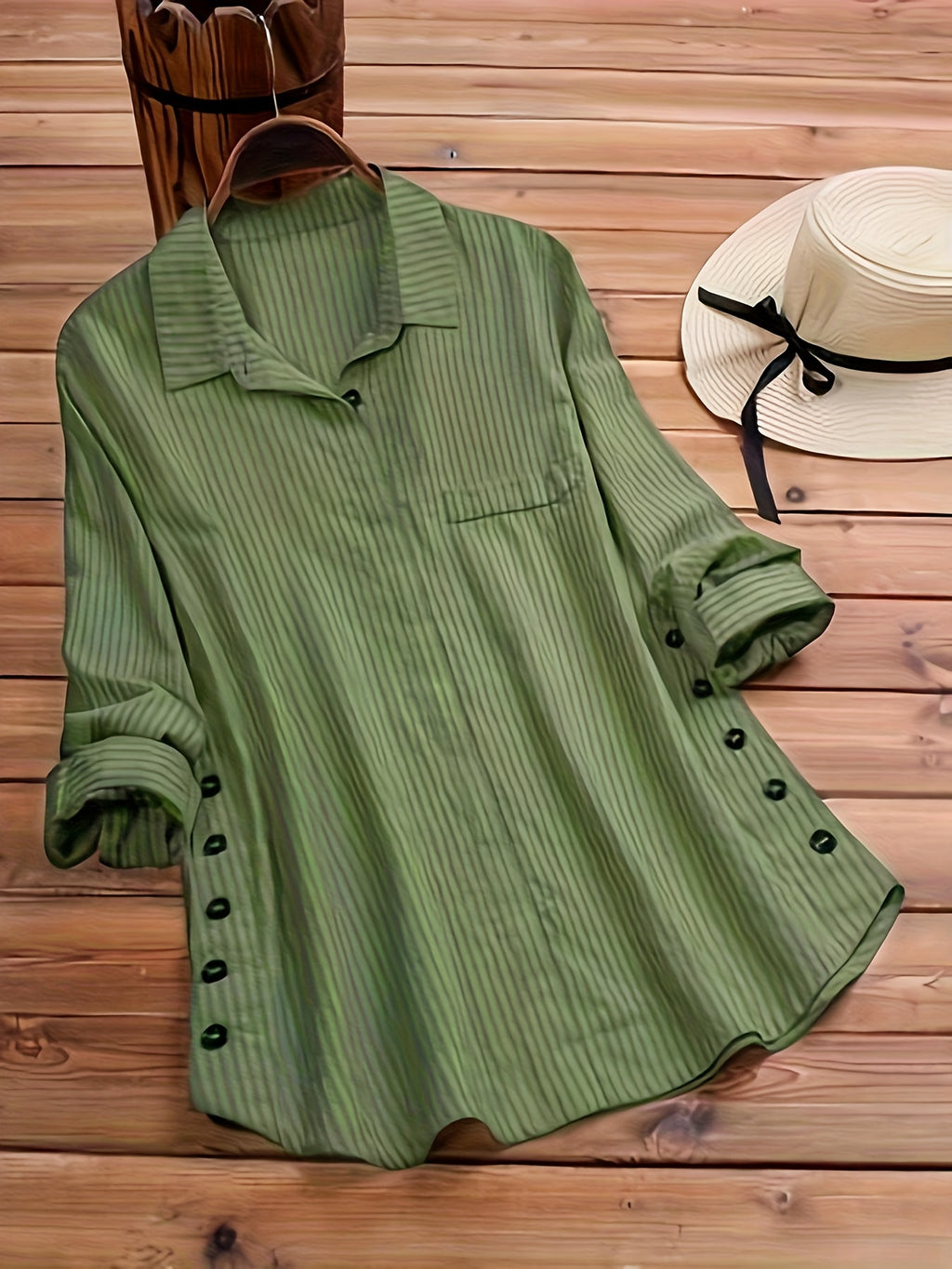 Women's Striped Boho Side-Button Blouse — Lapel Collar Roll-Up Sleeve Casual Shirt