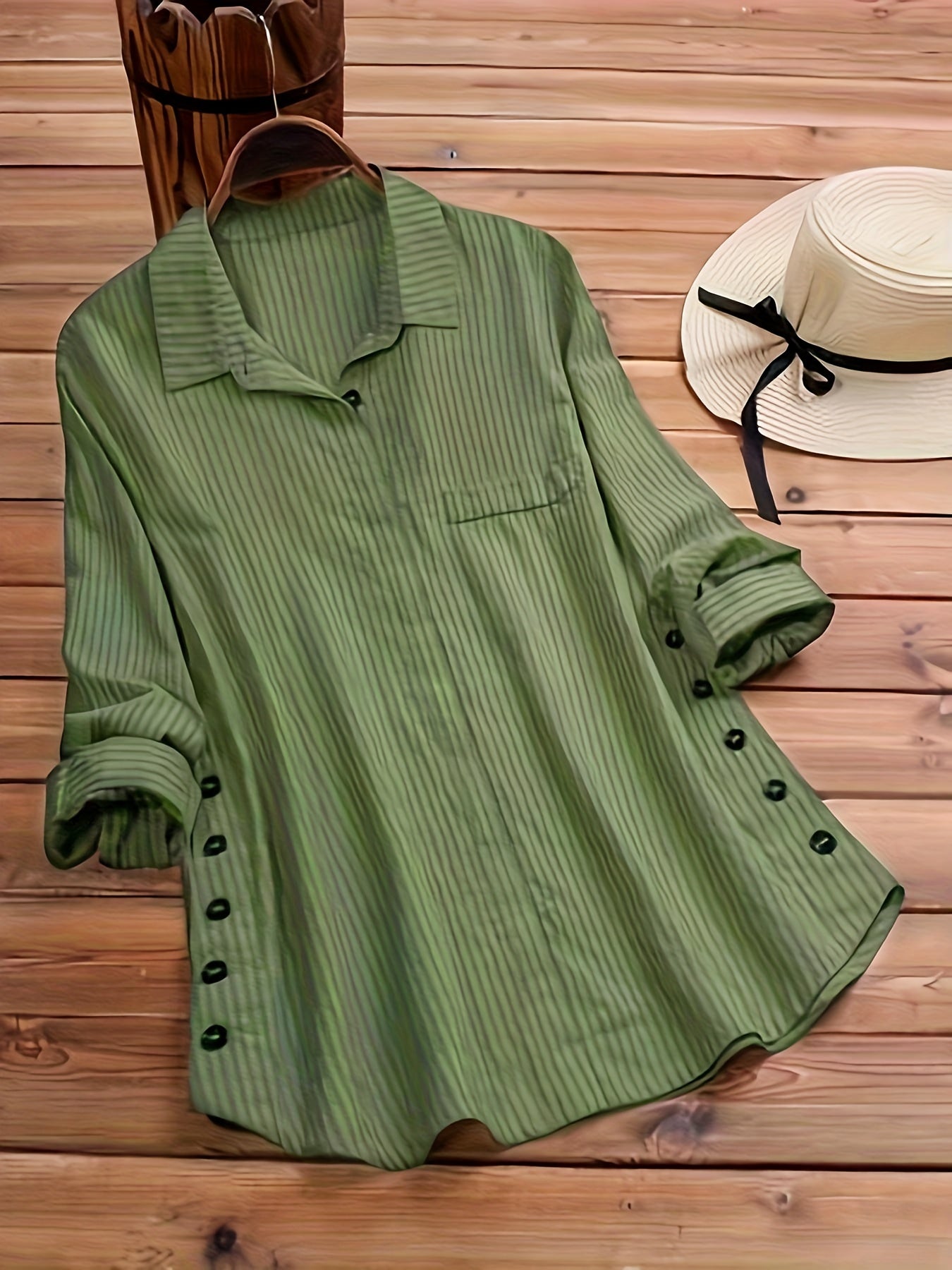 Women's Striped Boho Side-Button Blouse — Lapel Collar Roll-Up Sleeve Casual Shirt