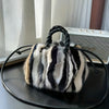 Women's Luxury Mink & Leopard Print Fur Shoulder Bag - White Cloud with Black Handles, Gold Hardware & Braided Drawstring Closure