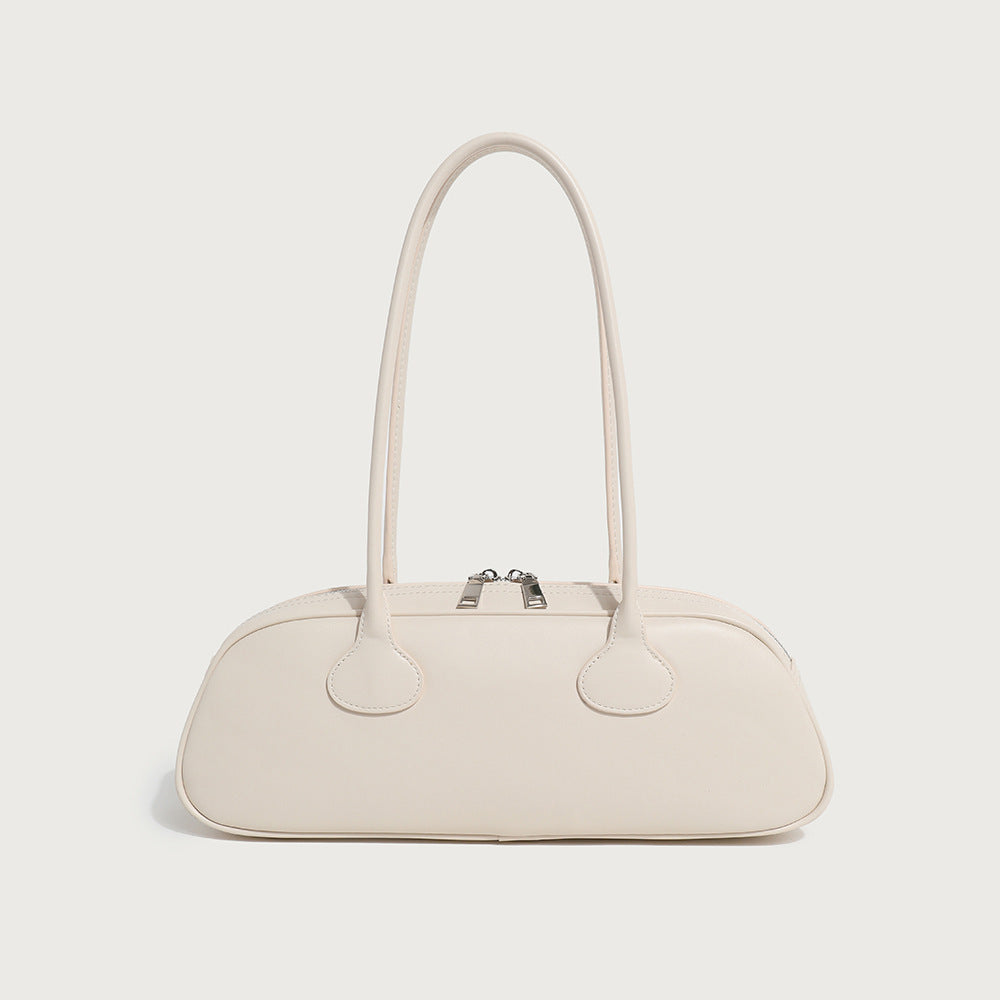 Women's Light Beige Baguette Handbag – Large Capacity Layered Korean Retro Vintage Bag with Buckle Closure, Split Leather