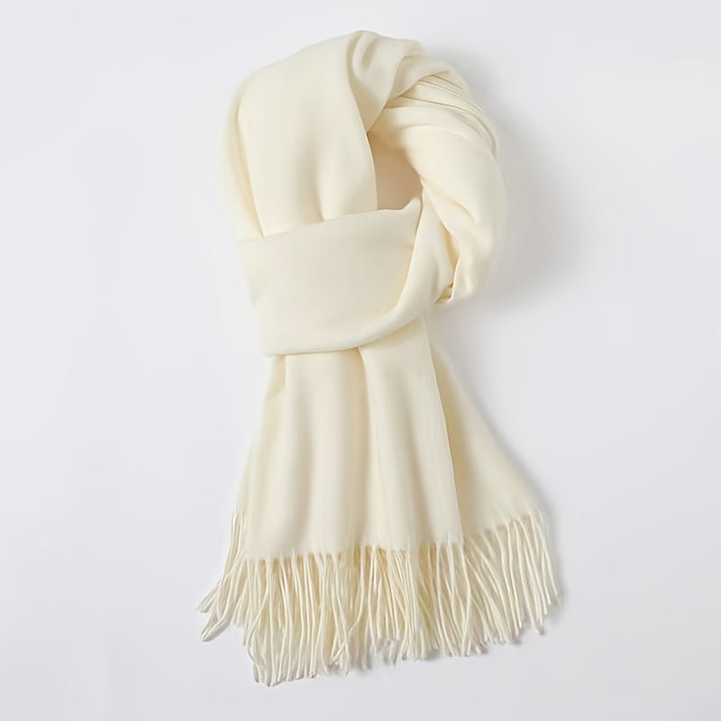 Solid Color Tassel Scarf with Fringe - Lightweight Polyester Shawl for Women