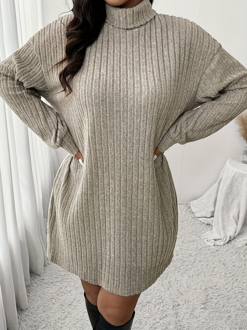 Plus Size High Neck Ribbed Knit Dress Long Sleeve Knee-Length Casual Winter Dress