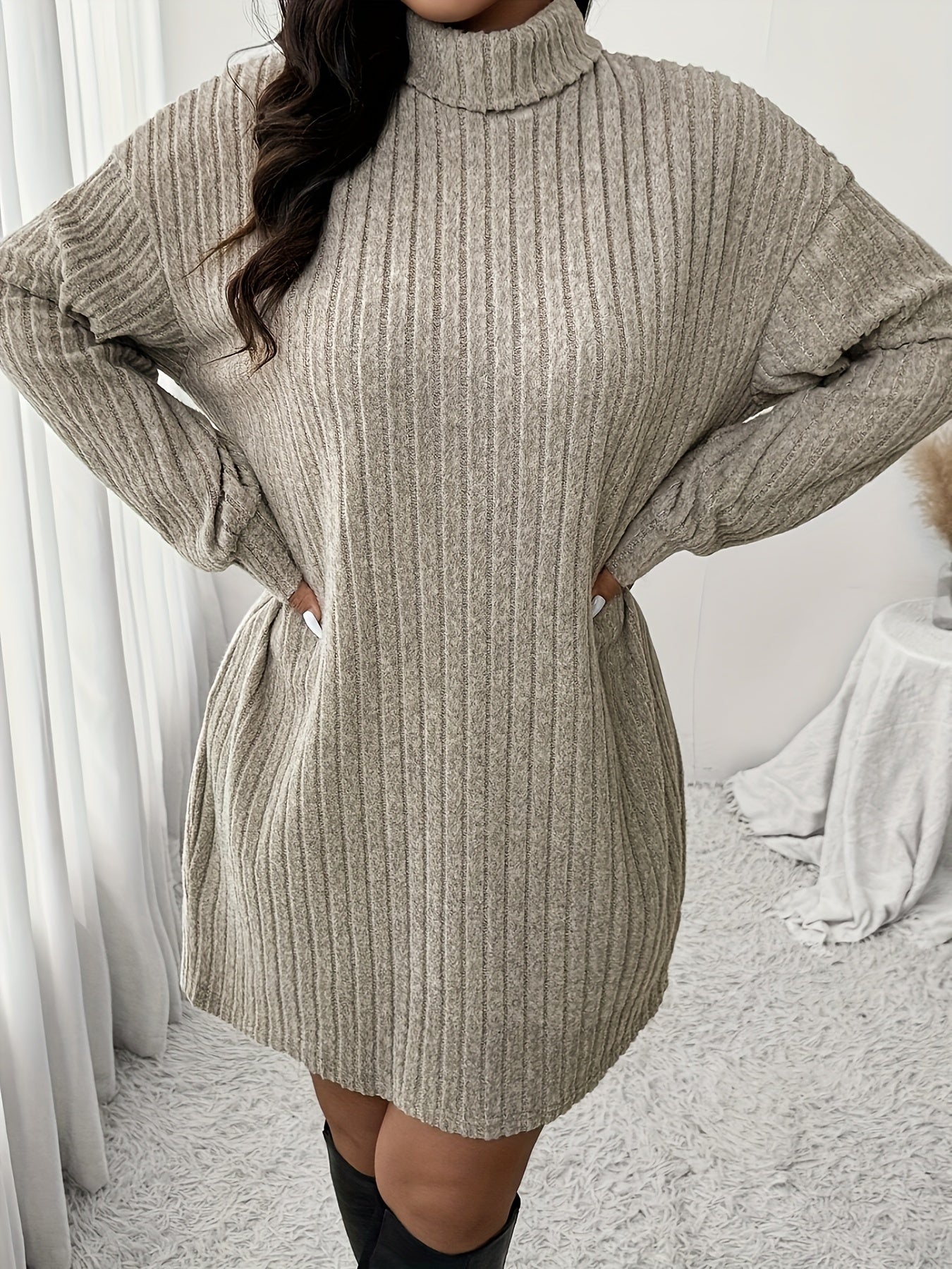 Plus Size High Neck Ribbed Knit Dress Long Sleeve Knee-Length Casual Winter Dress