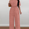Elegant Off-Shoulder Wide Leg Jumpsuit – Short Sleeve, Cinched Waist, Solid Black Polyester, Machine Washable