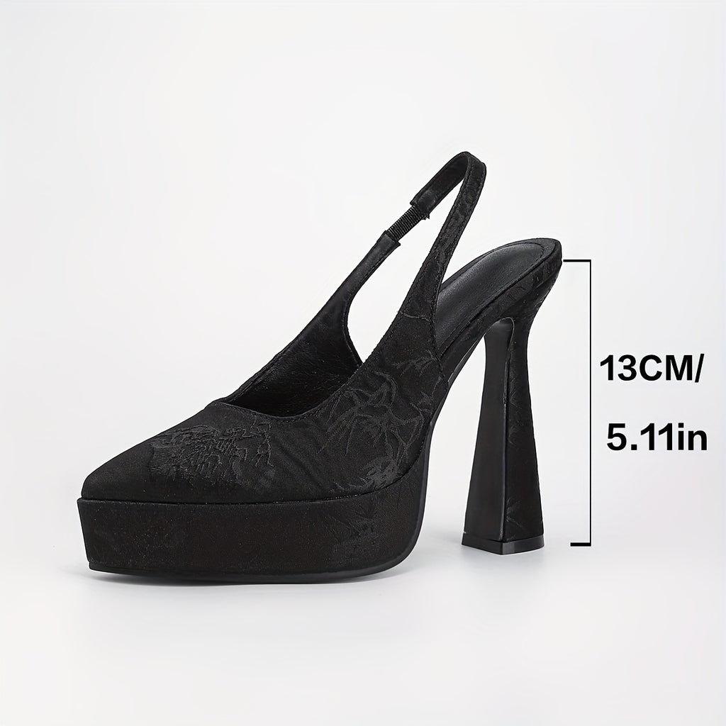 Women's Embroidered Pointed-Toe Block Heel Sandals, Thick Platform, Bungee Closure, Breathable Fabric Upper - Black Dress Heels