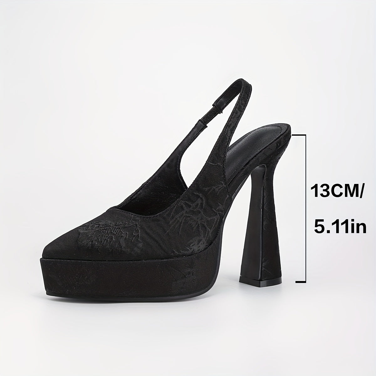 Women's Embroidered Pointed-Toe Block Heel Sandals, Thick Platform, Bungee Closure, Breathable Fabric Upper - Black Dress Heels
