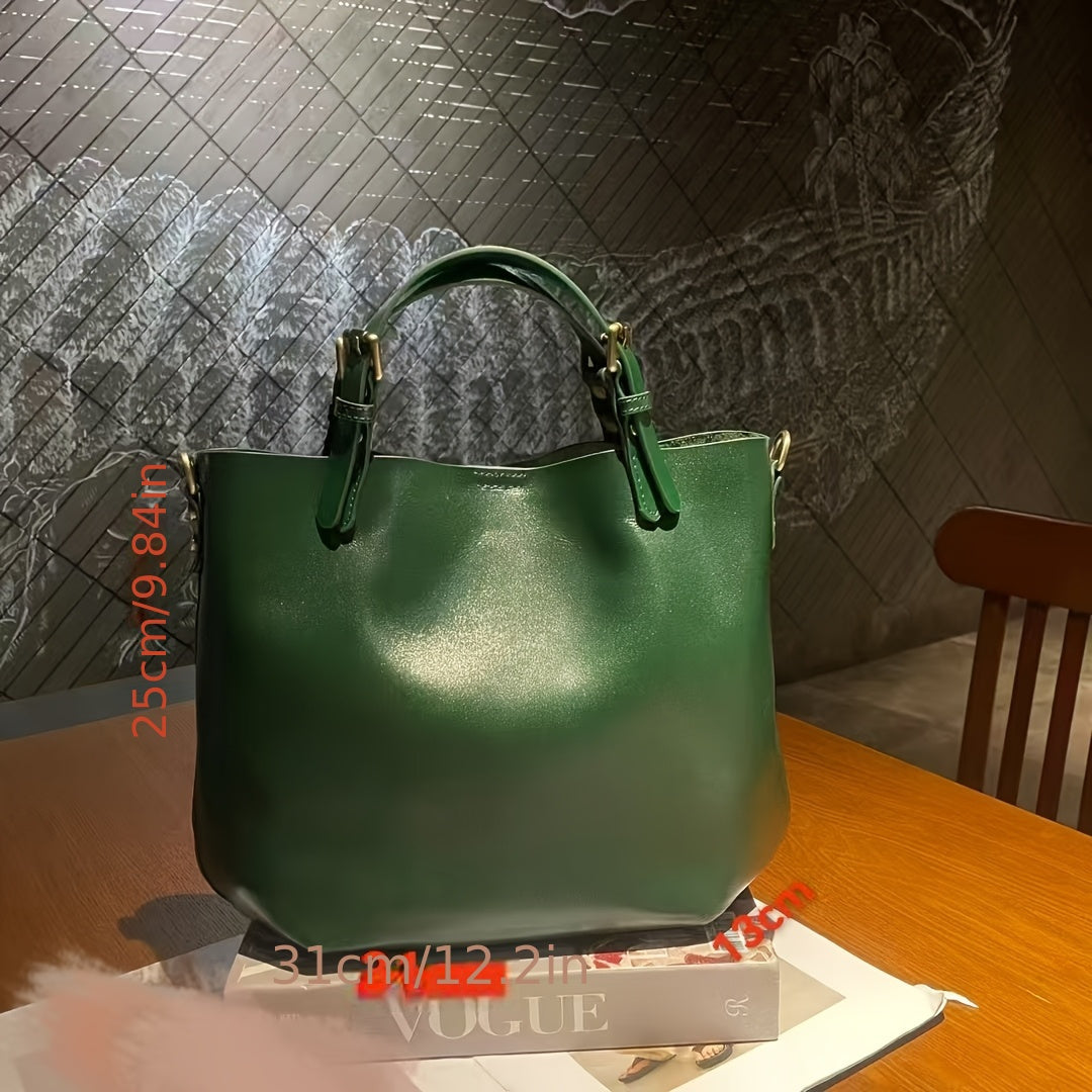Top-Grain Cowhide Leather Tote Bag for Women - Large-Capacity Minimalist Commuter Handheld Crossbody Bucket Bag