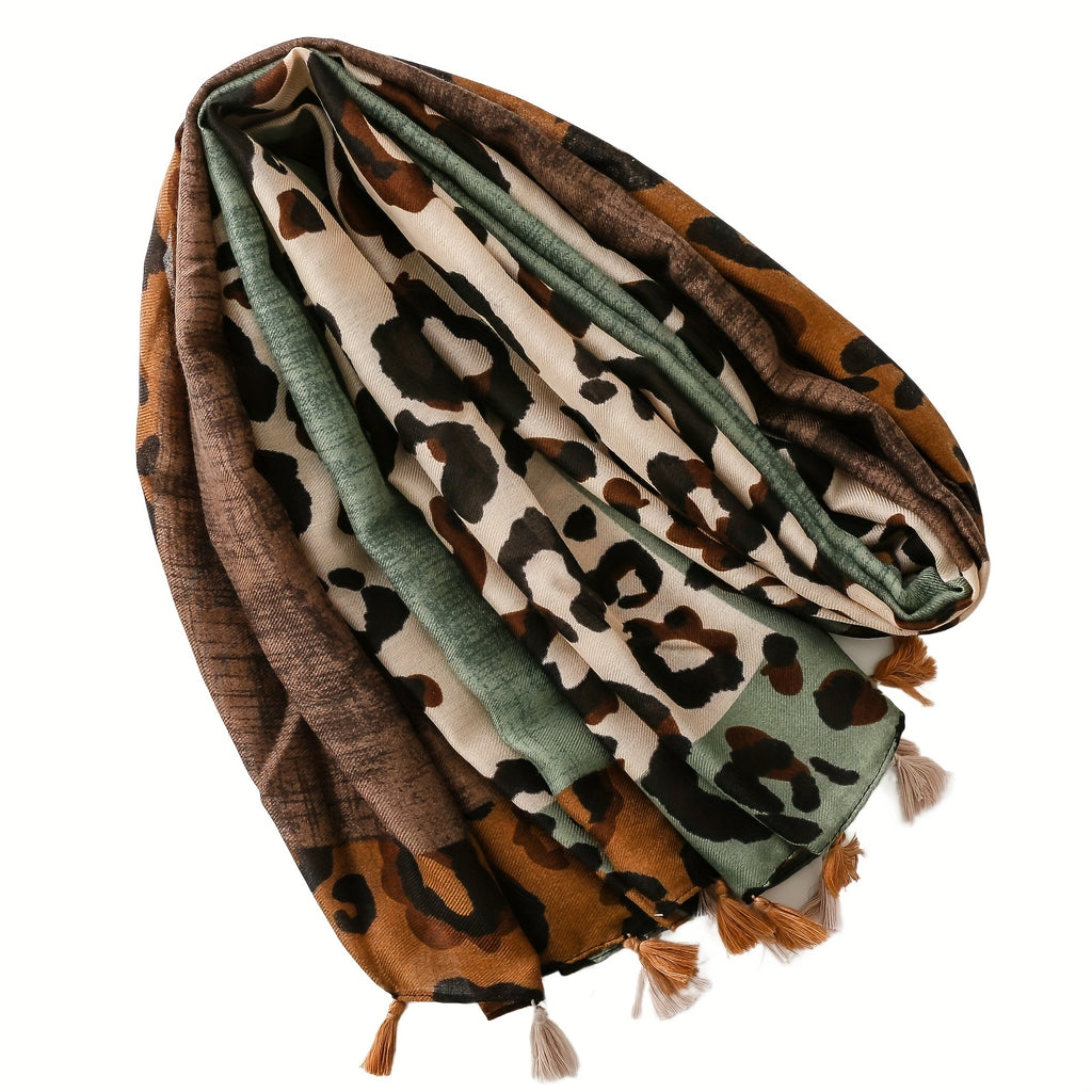 Multicolor Leopard Print Colorblock Tassel Scarf - Lightweight Women's Shawl & Headscarf