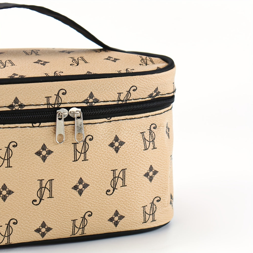 Minimalist Faux Leather Makeup Bag, Beige with Black Handles & Zipper, Compact Square Cosmetic Case and Portable Toiletry Organizer