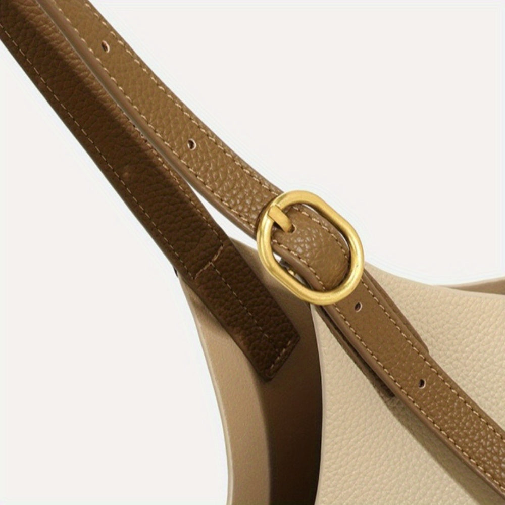 Women's Khaki PU Bucket Bag - Large Capacity Shoulder, Handheld & Crossbody Handbag with Tartan Pattern