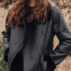 Women's Brown Faux Fur Motorcycle Jacket – Belted Zipper Jacket with Goldtone Hardware & Side Pockets