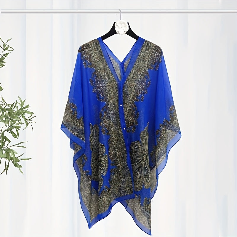 Women's Turquoise Jacquard Scarf Shawl – Large Square Lightweight Breathable Beach Cover-Up & Multiway Long Wrap Poncho