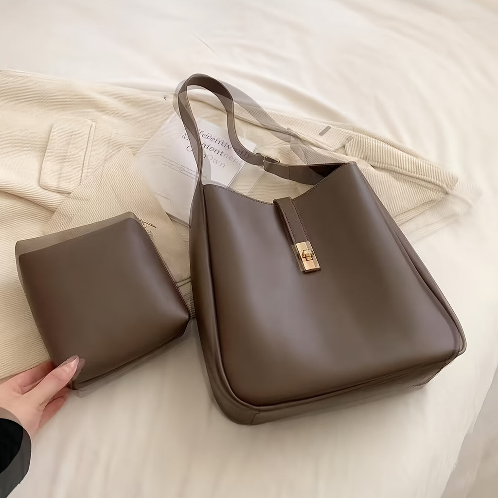 Faux Leather Tote Bag with Twist Lock – Convertible Shoulder & Crossbody Handbag for Women (Khaki, Coffee, White)