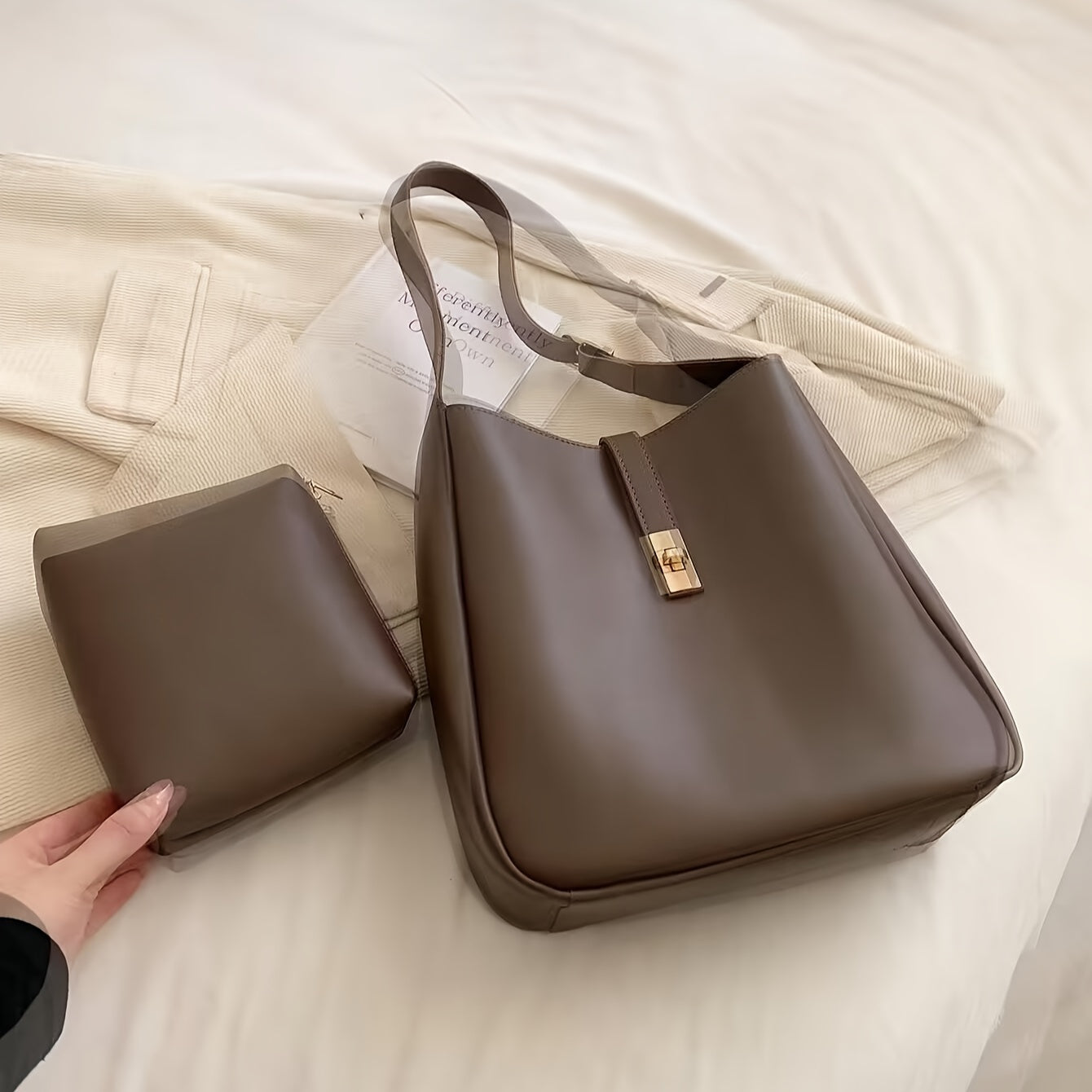 Faux Leather Tote Bag with Twist Lock – Convertible Shoulder & Crossbody Handbag for Women (Khaki, Coffee, White)