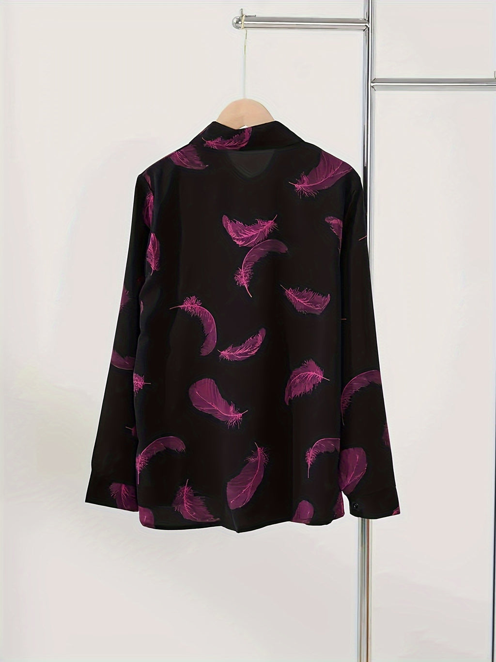 Women's Vintage Feather Print Long Sleeve Polo Shirt - Loose Fit Lapel Collar Blouse