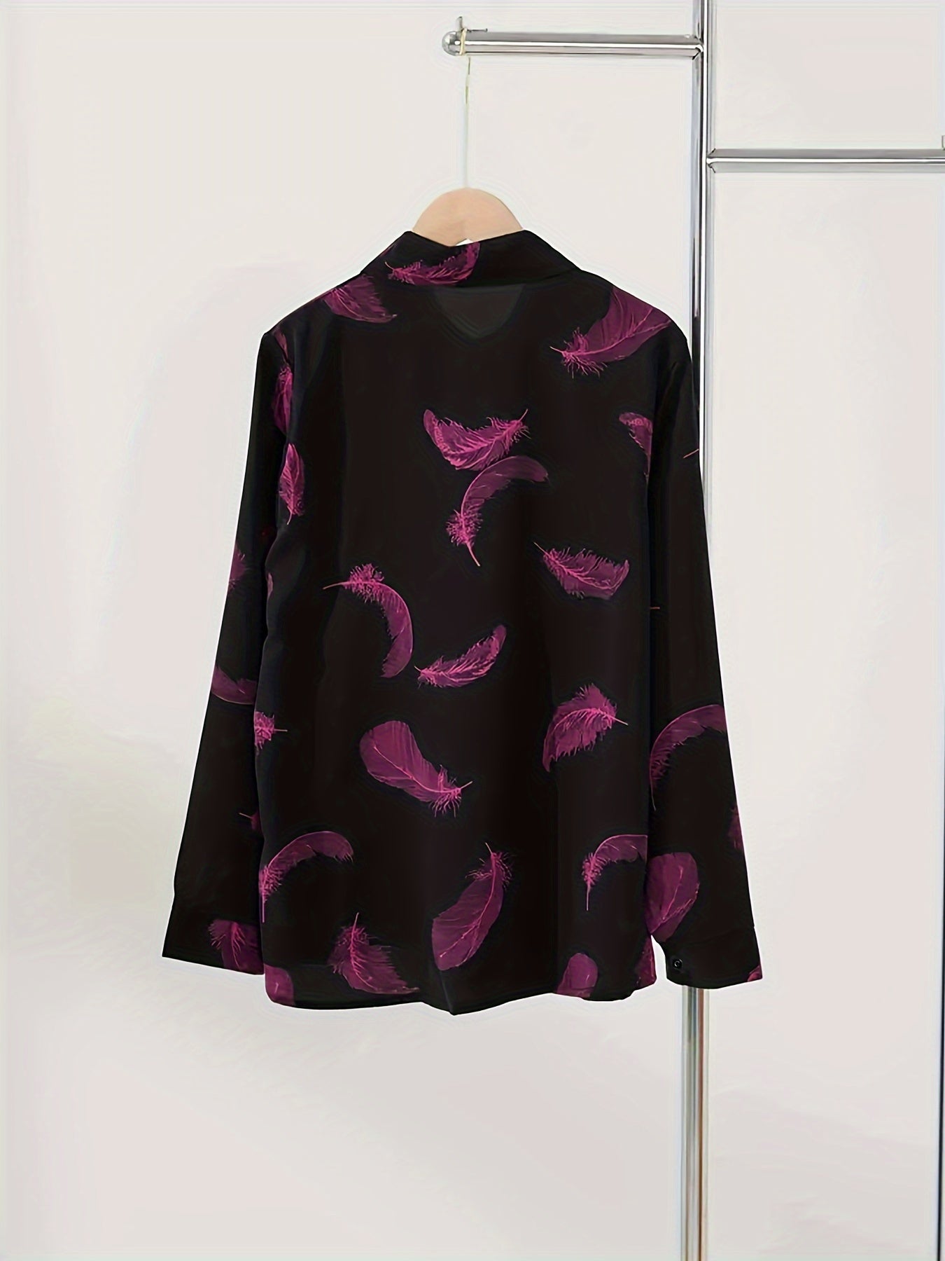 Women's Vintage Feather Print Long Sleeve Polo Shirt - Loose Fit Lapel Collar Blouse
