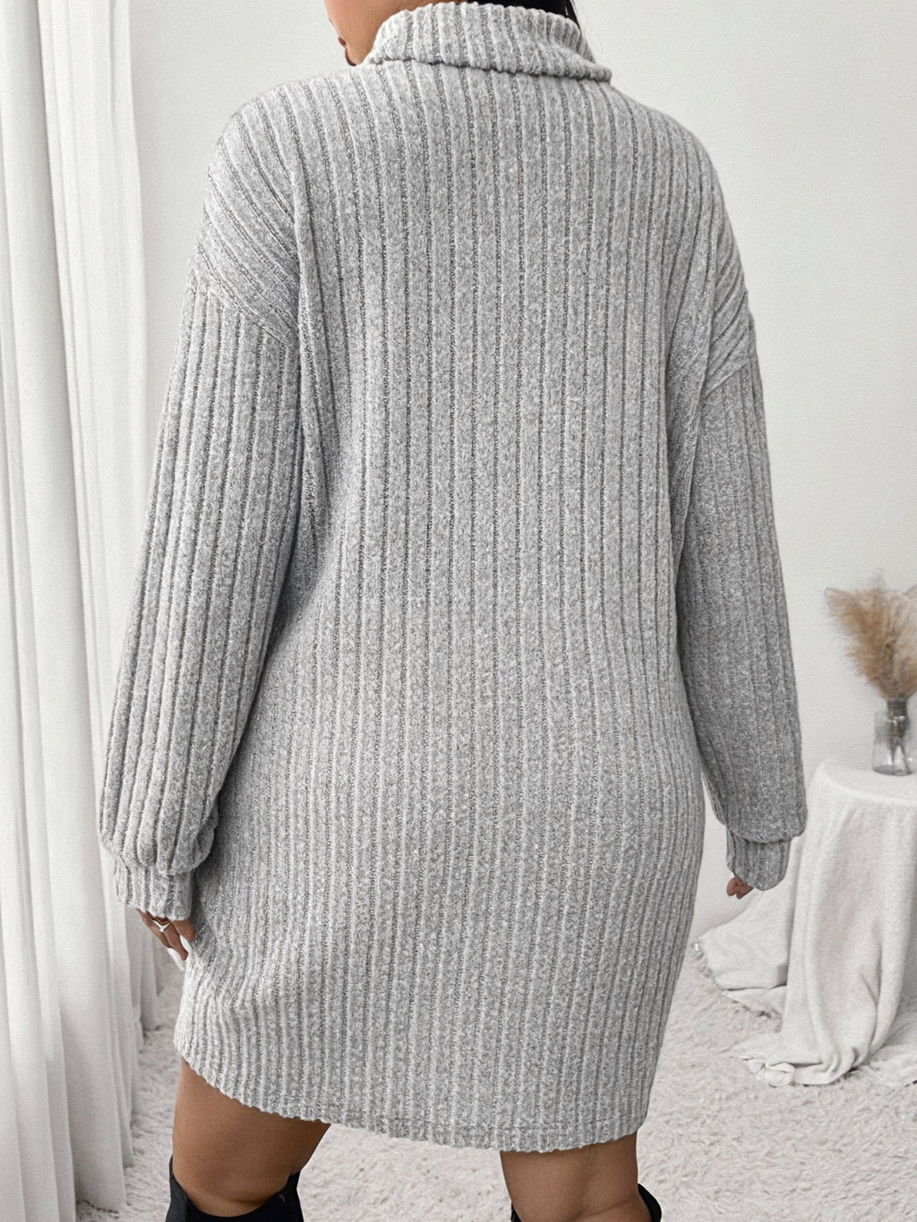Plus Size High Neck Ribbed Knit Dress Long Sleeve Knee-Length Casual Winter Dress