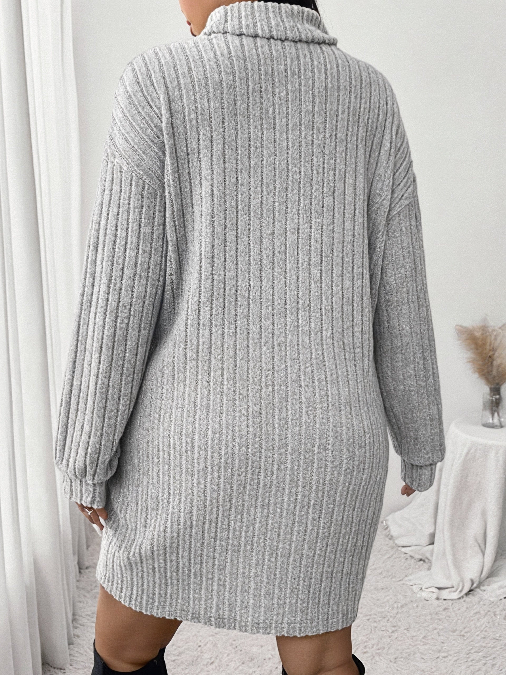Plus Size High Neck Ribbed Knit Dress Long Sleeve Knee-Length Casual Winter Dress