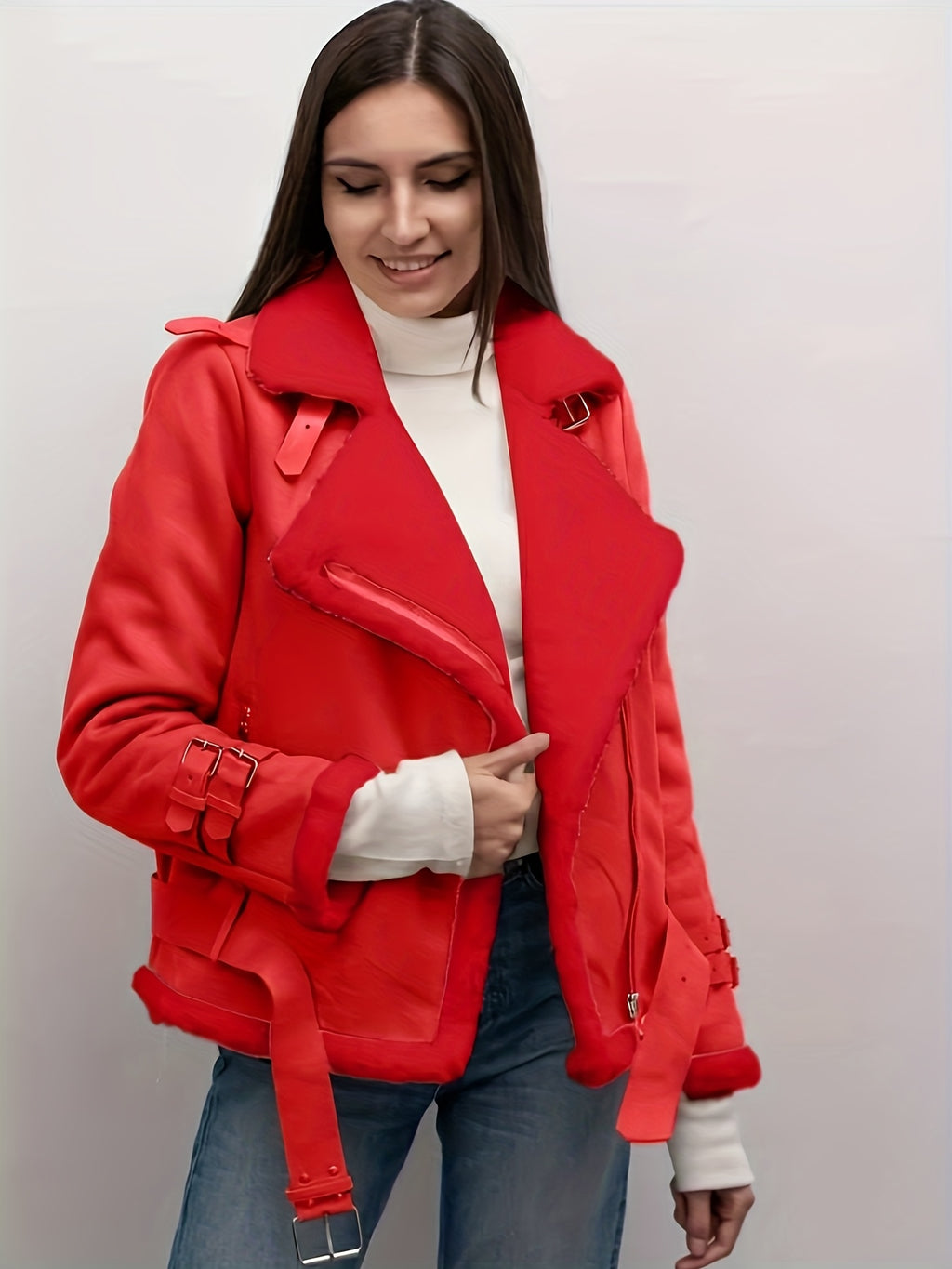 Women's Velvet PU Leather Jacket with Retro Collar – Thickened Lined Casual Coat