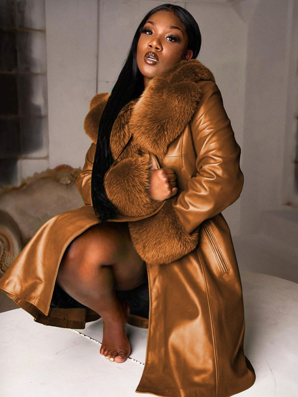 Plus Size Women's Purple PU Leather Coat with Faux Fur Collar & Lapel — Long Oversized Winter Jacket, Gold Zipper, Machine Washable