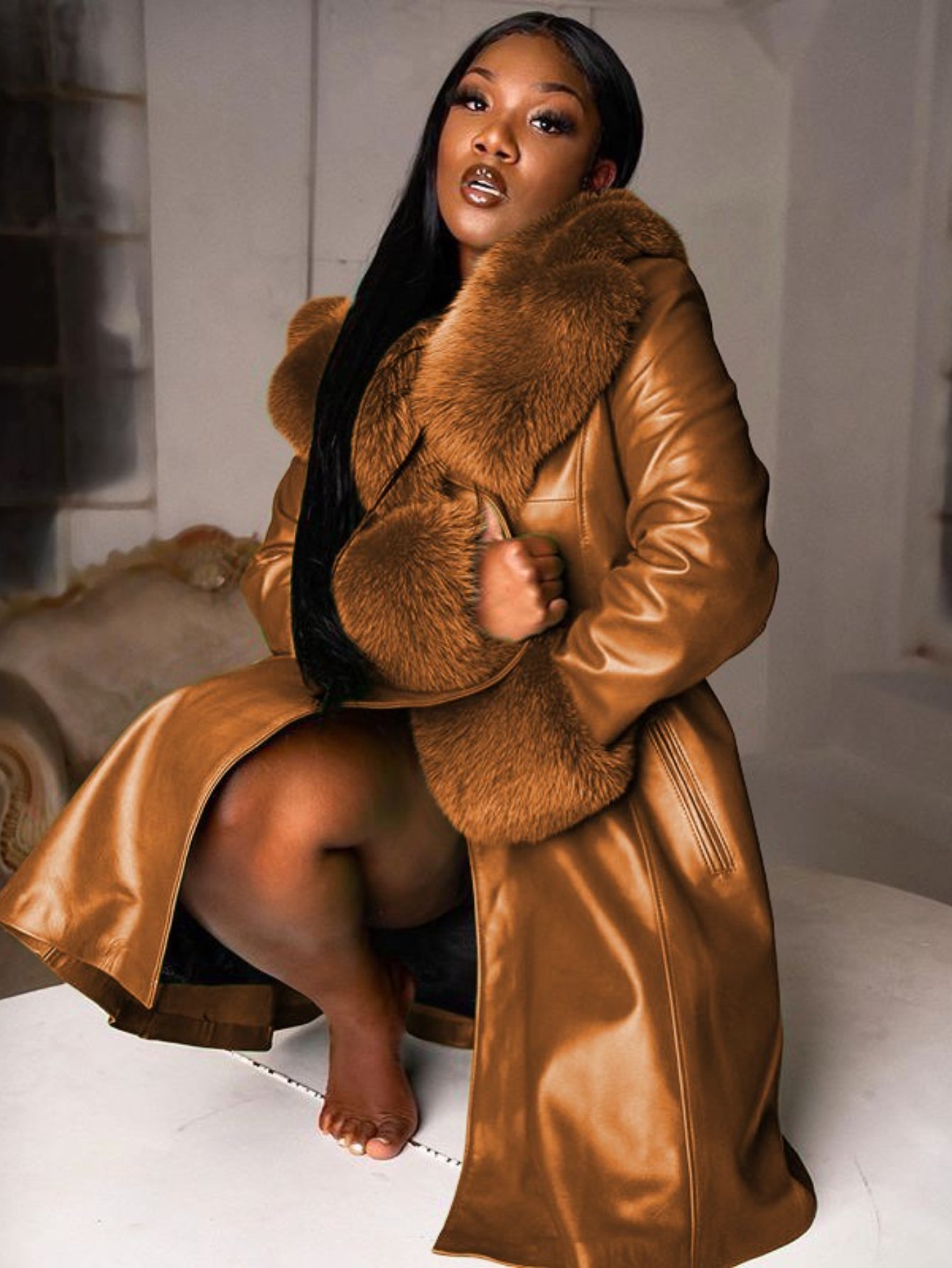 Plus Size Women's Purple PU Leather Coat with Faux Fur Collar & Lapel — Long Oversized Winter Jacket, Gold Zipper, Machine Washable