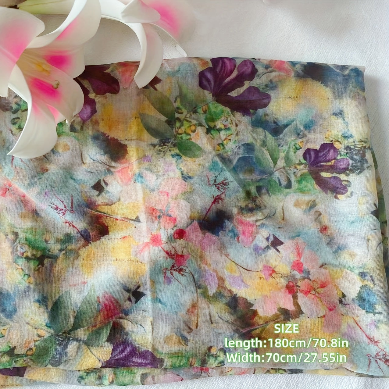 Bohemian Floral Sheer Scarf for Women, Lightweight Polyester Bali Yarn Shawl, Handwash or Dry Clean