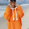 Women's Oversized Hooded Knit Sweater - Cozy Acrylic Pullover with Drawstring Hood, Long Sleeve, Black with Cream Accents