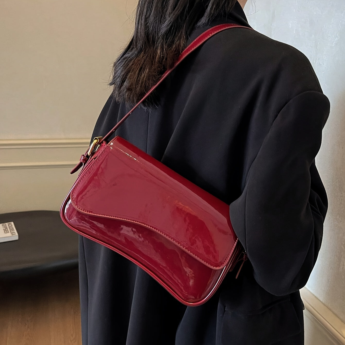 Retro Patent Faux Leather Women's Baguette Flap Handbag - Removable Strap, Underarm/Shoulder Minimalist Elegant Bag