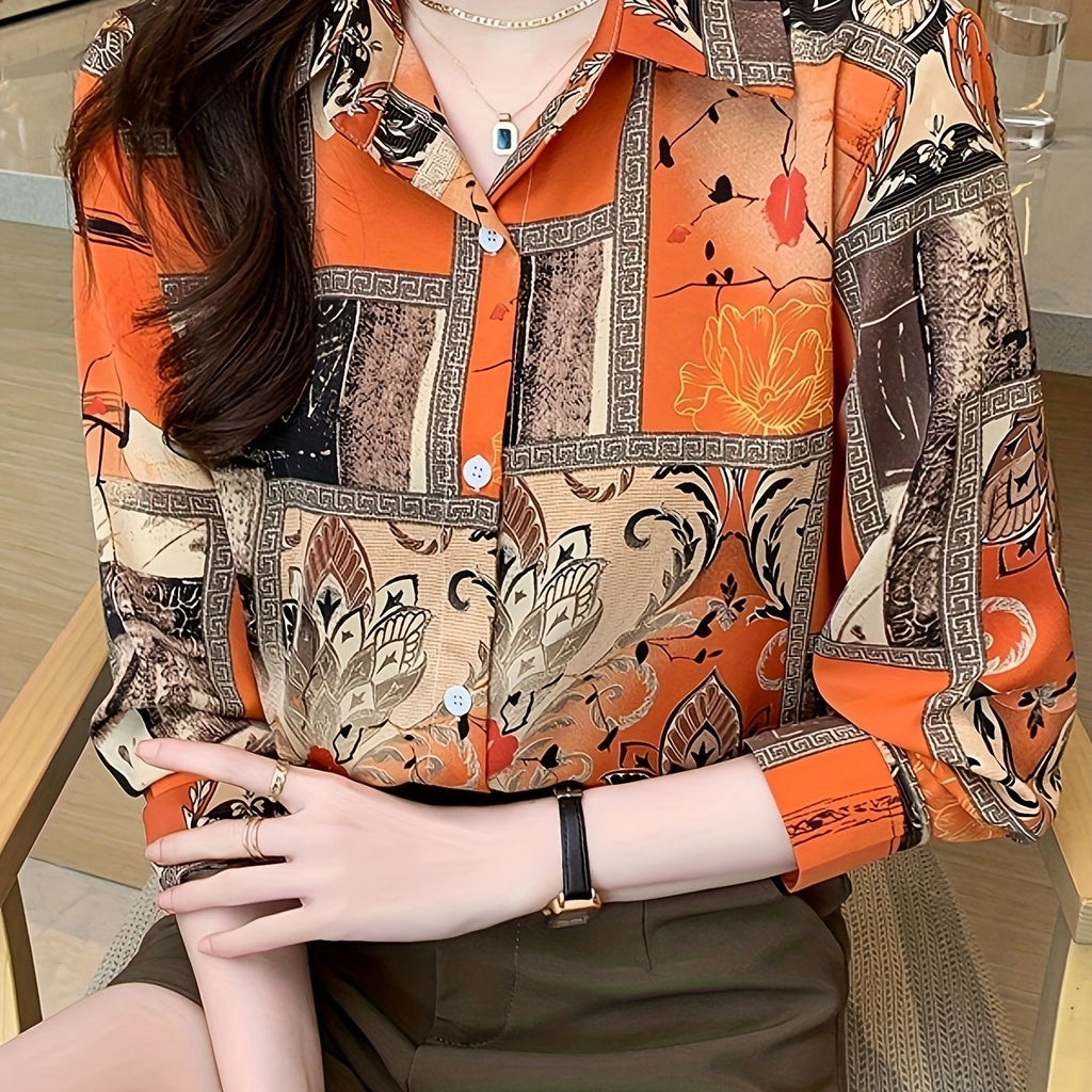 Women's Retro Floral Button-Front Long Sleeve Collared Blouse, Orange Brown - Casual Machine-Washable Polyester