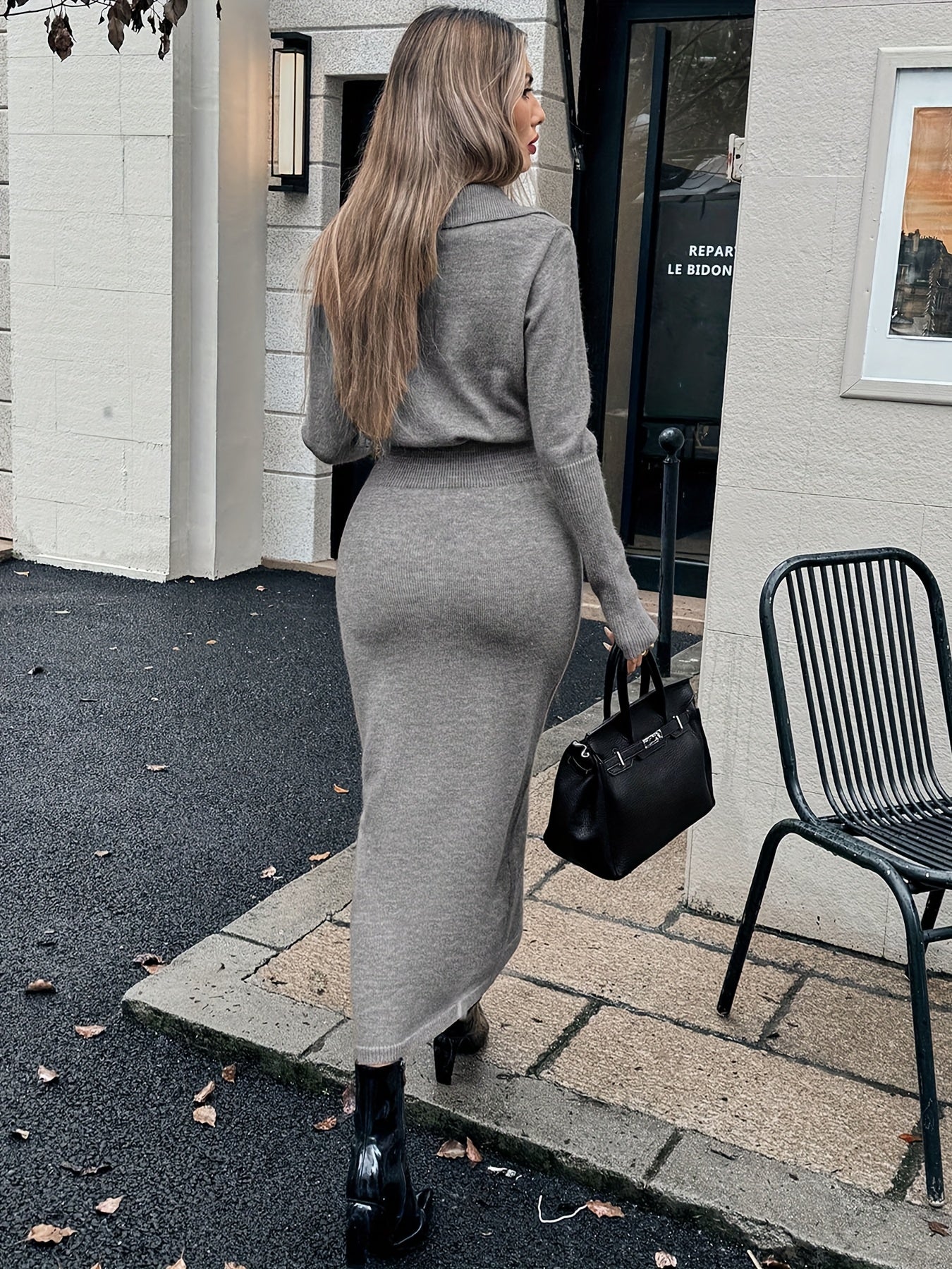 Women's Slim-Fit Knit V-Neck Dress with Split Hem — Short & Long Sleeve Options, Machine Washable (White, Black, Navy, Beige)