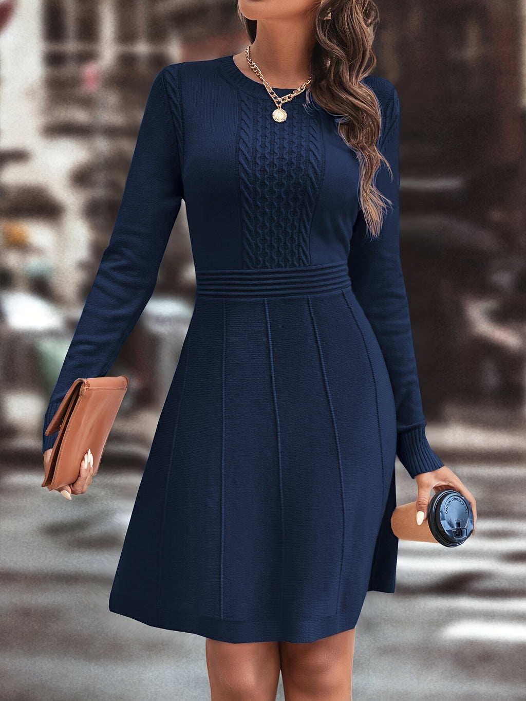 Women's Autumn/Winter Knit A-Line Dress Slim Round Neck Casual Elegant for Date & Daily Wear